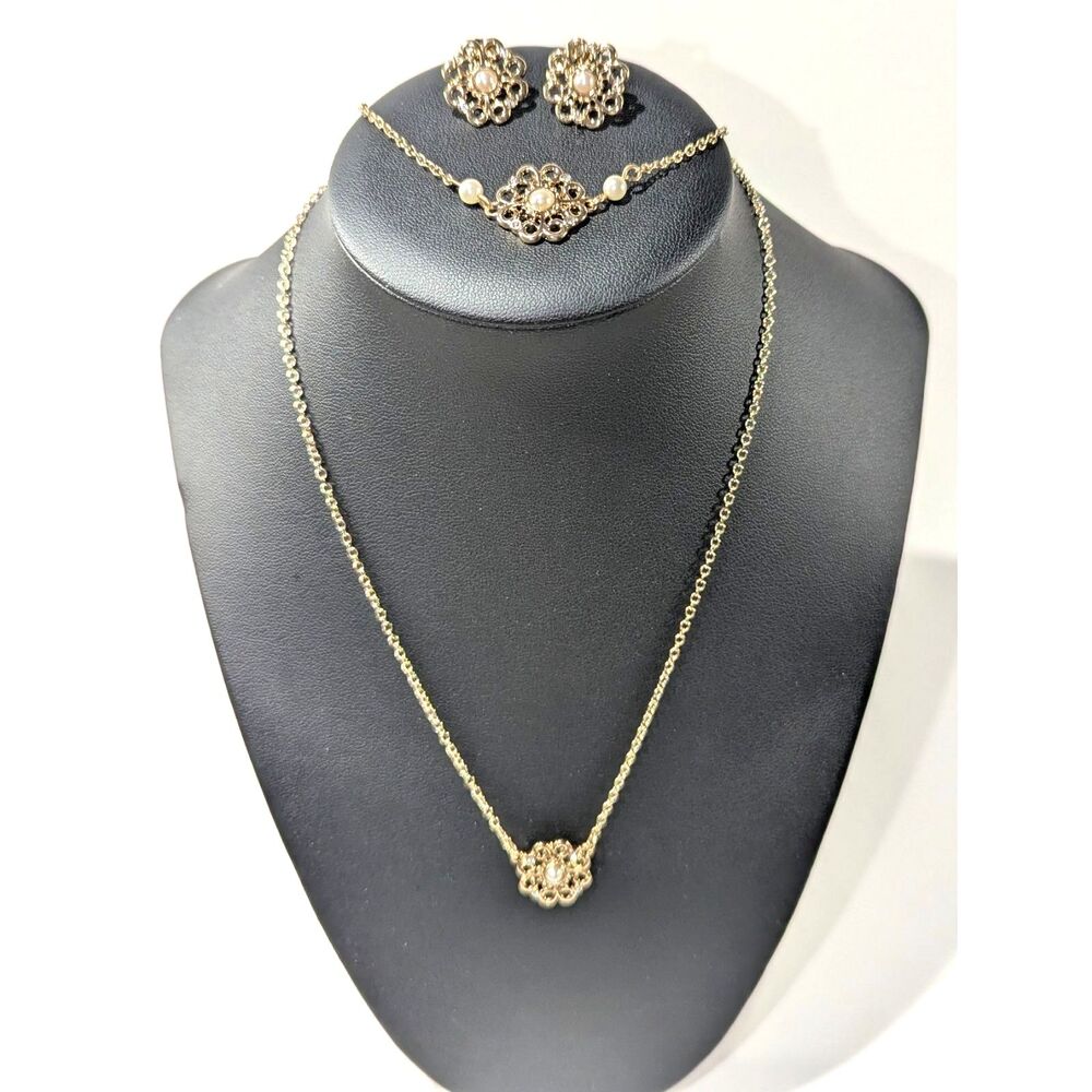 Gold Tone Filigree Pearl Earrings Bracelet Necklace Set